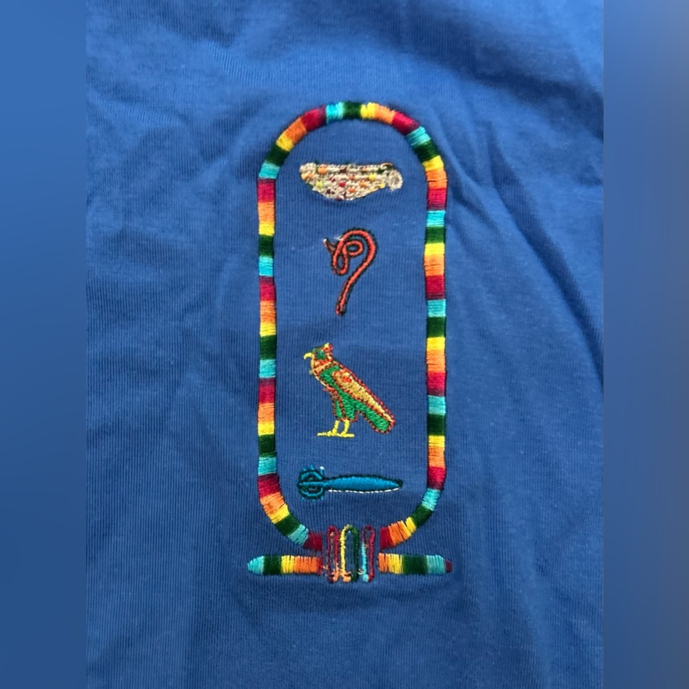 EGYPTIAN Cotton Hieroglyphics Cartouche Embroidered Blue T-Shirt Darwish Sz XXL